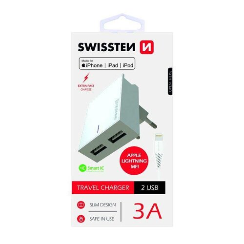 SWISSTEN adaptér 230V/3A 2xUSB + MFI lightning kabel 1