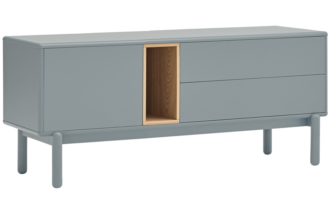 Šedomodrý lakovaný dubový TV stolek Teulat Corvo 140 x 40 cm