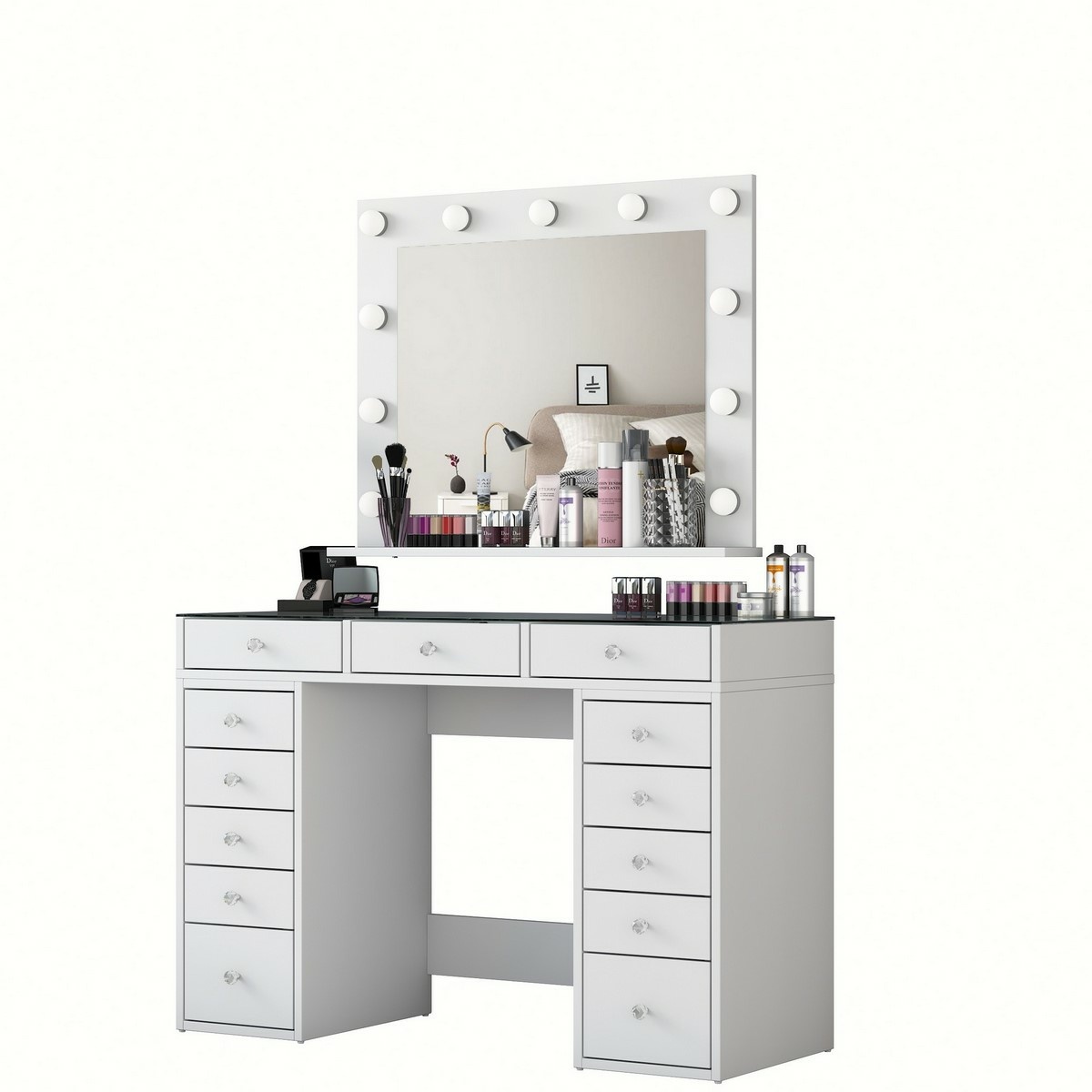 Kosmetický stůl Livia White se skleněnou deskou