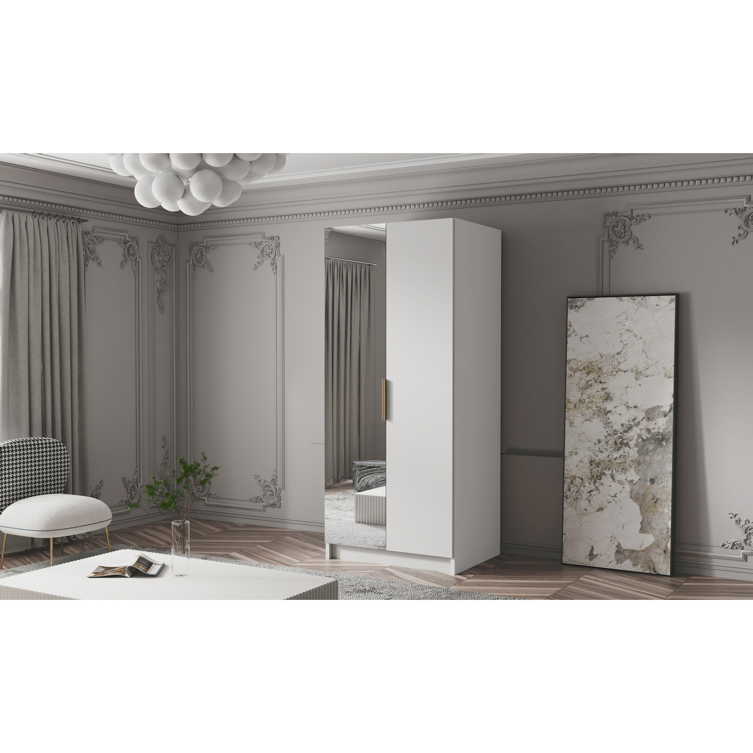 Šatní skříň BODRUM 100 II - bílá/zlaté úchytky