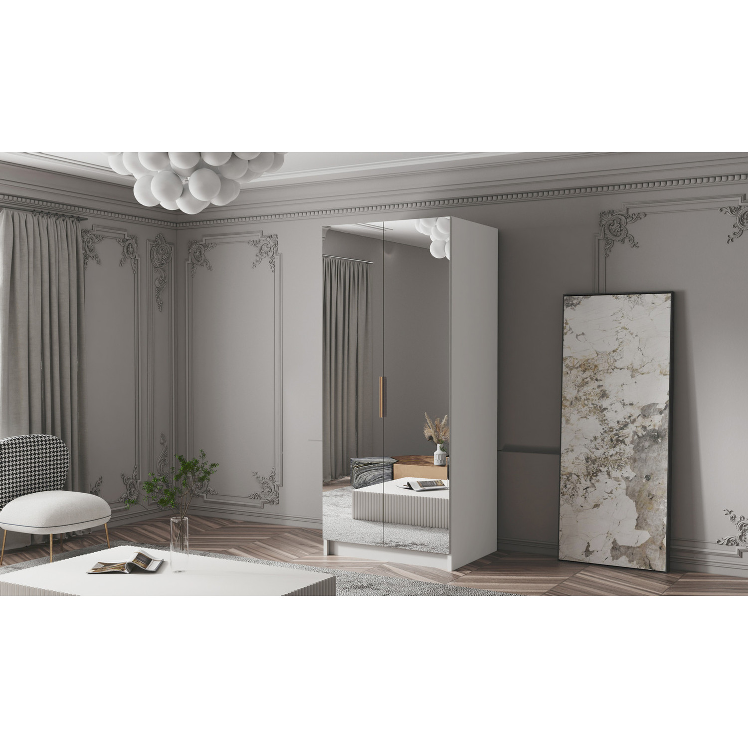 Šatní skříň BODRUM 100 III - bílá/zlaté úchytky