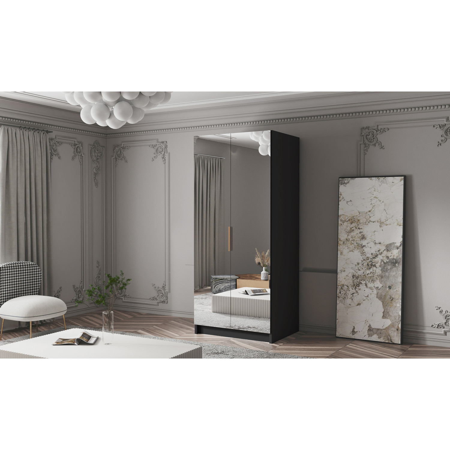 Šatní skříň BODRUM 100 III - černá/zlaté úchytky