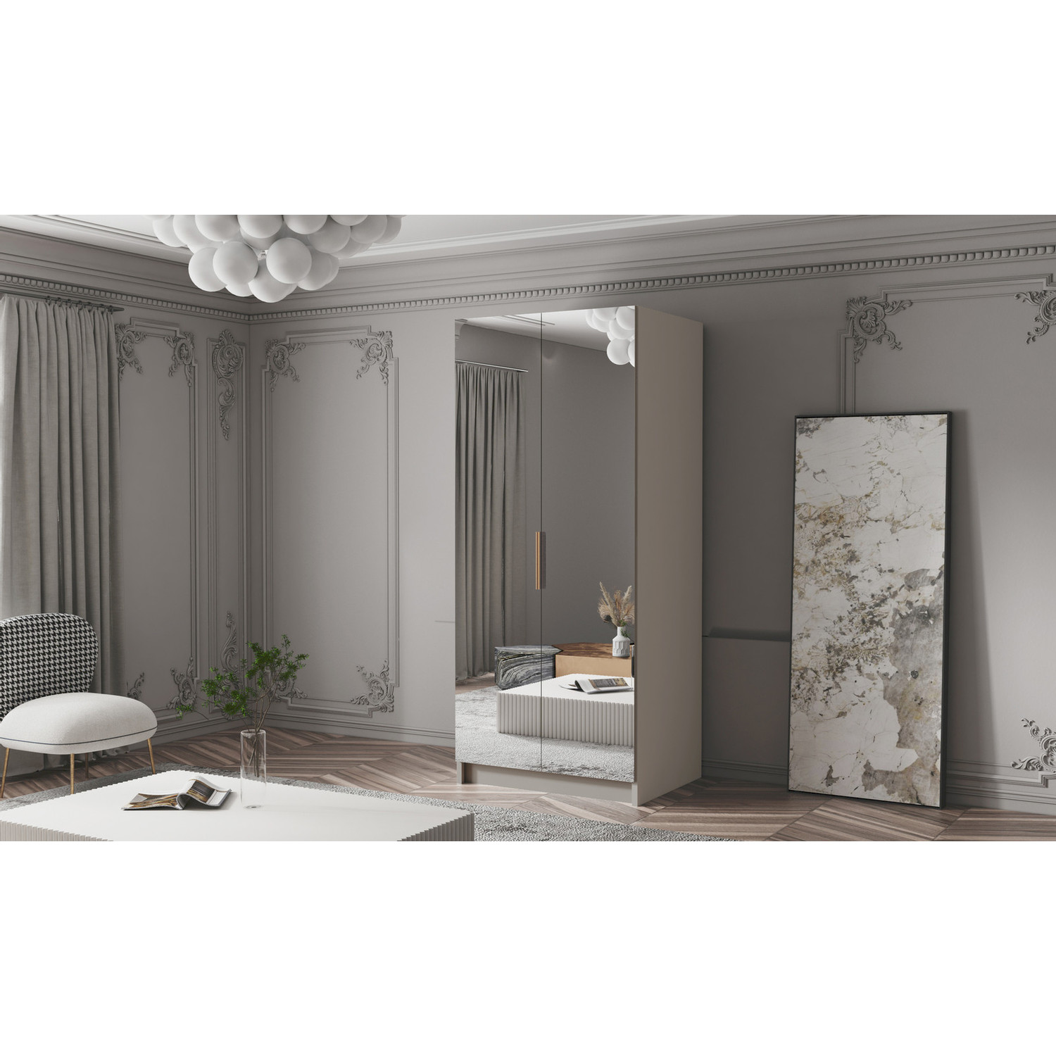 Šatní skříň BODRUM 100 III - béžová/zlaté úchytky