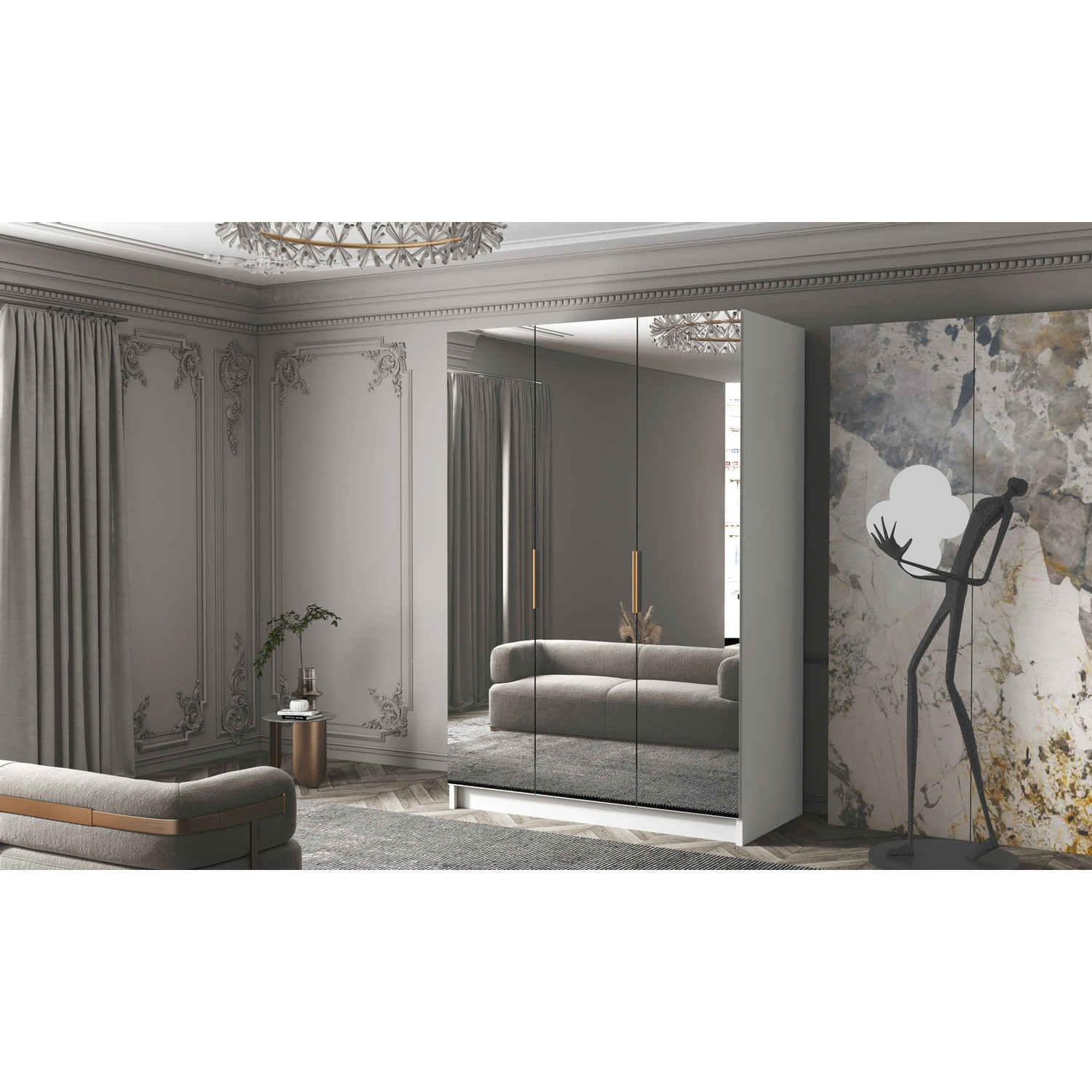 Šatní skříň CALPE 150 III - bílá/zlaté úchytky