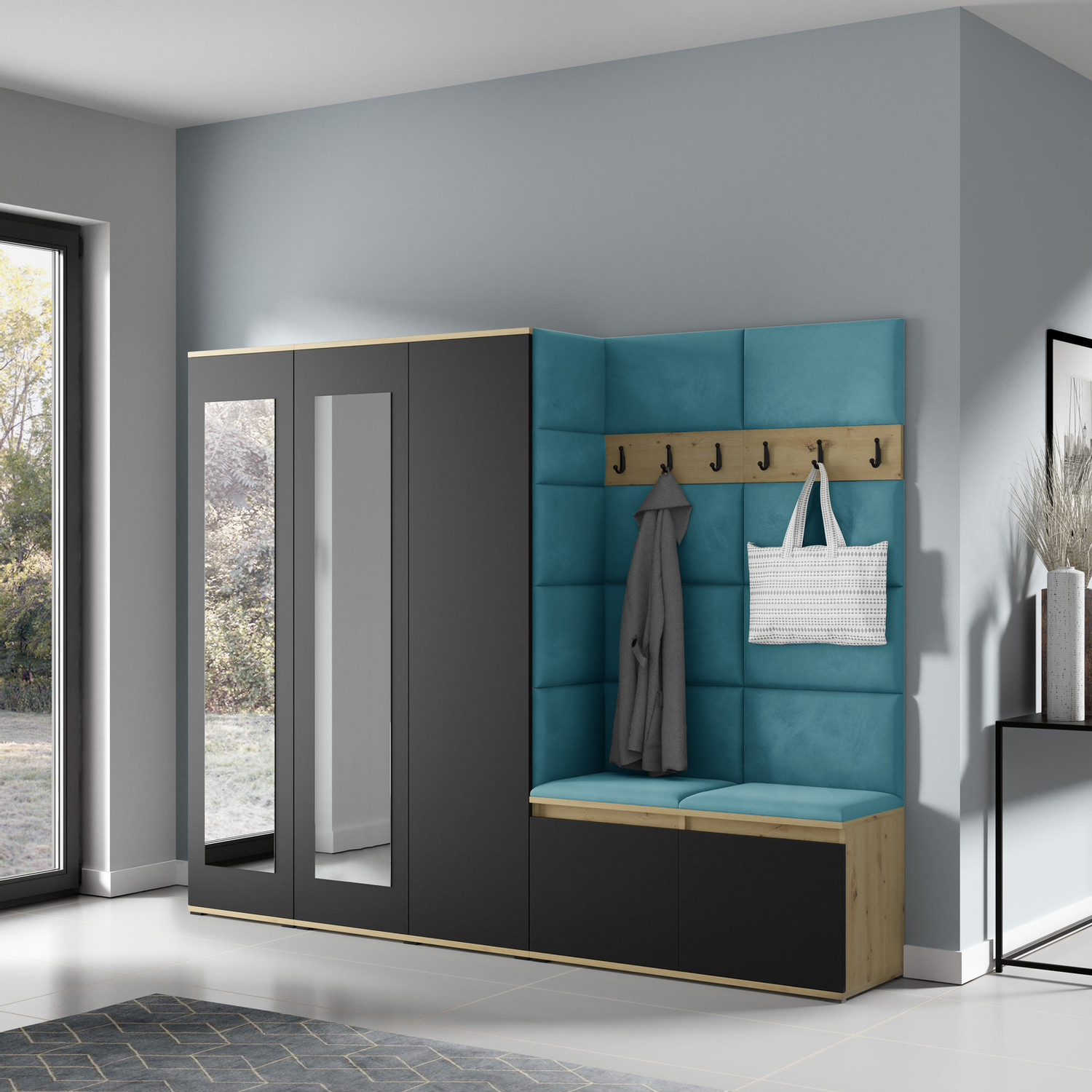 Předsíňová stěna AMI 15 - se zrcadlem Azurová Dub artisan/černá