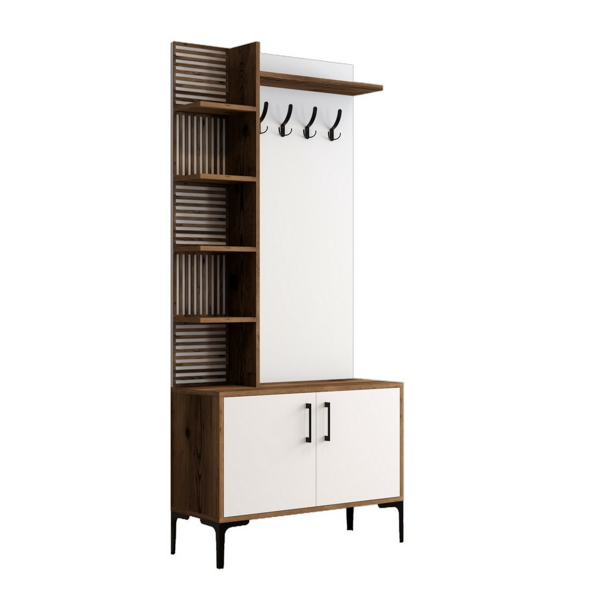 Vešák s botníkem a policemi Viyana Walnut and White