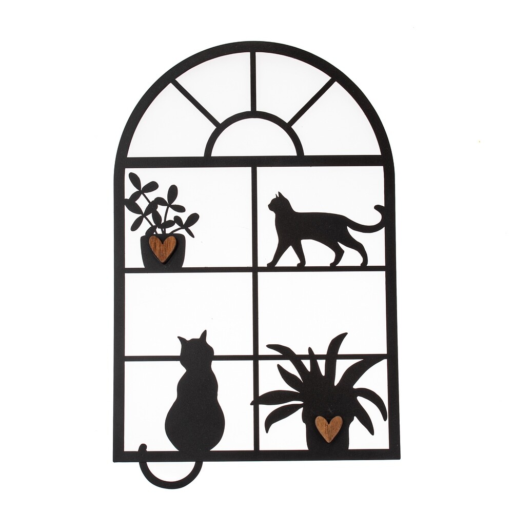Kovová dekorace okno s kočkami