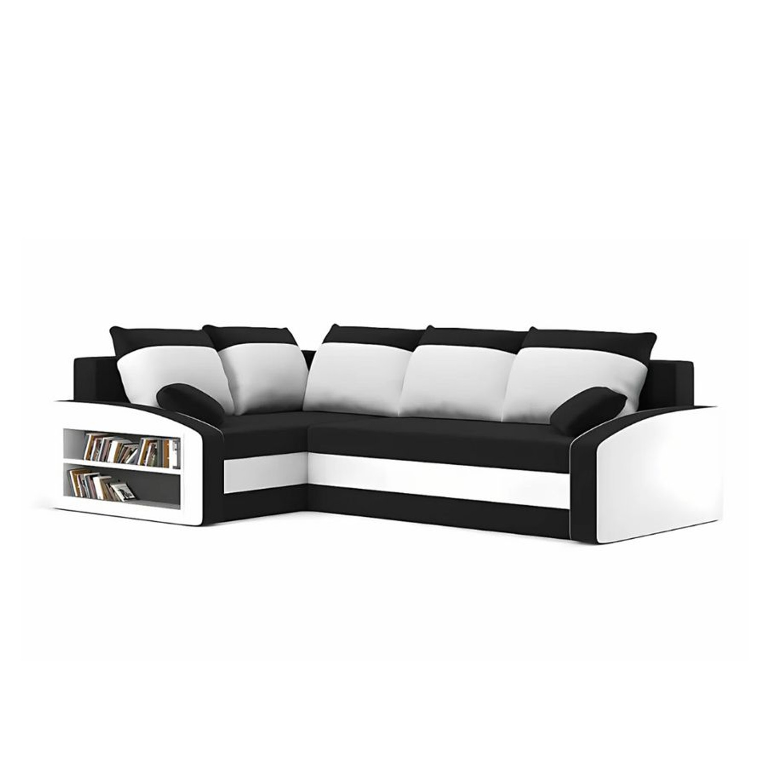 Rozkládací rohová sedací souprava s poličkou GRANDE Levá Černá/bílá