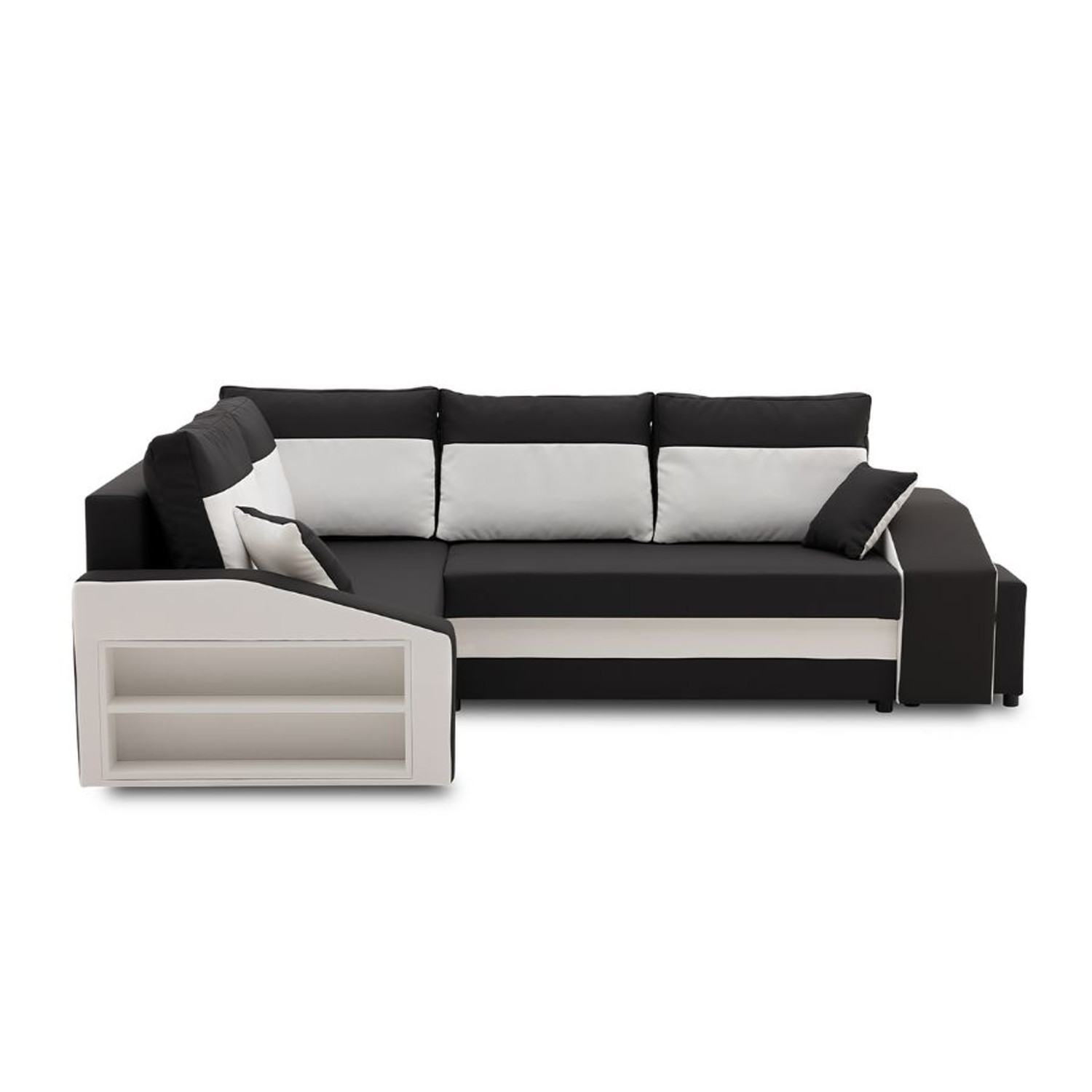 Rozkládací rohová sedací souprava s taburety a poličkou GRANDE micro Levá Černá/bílá