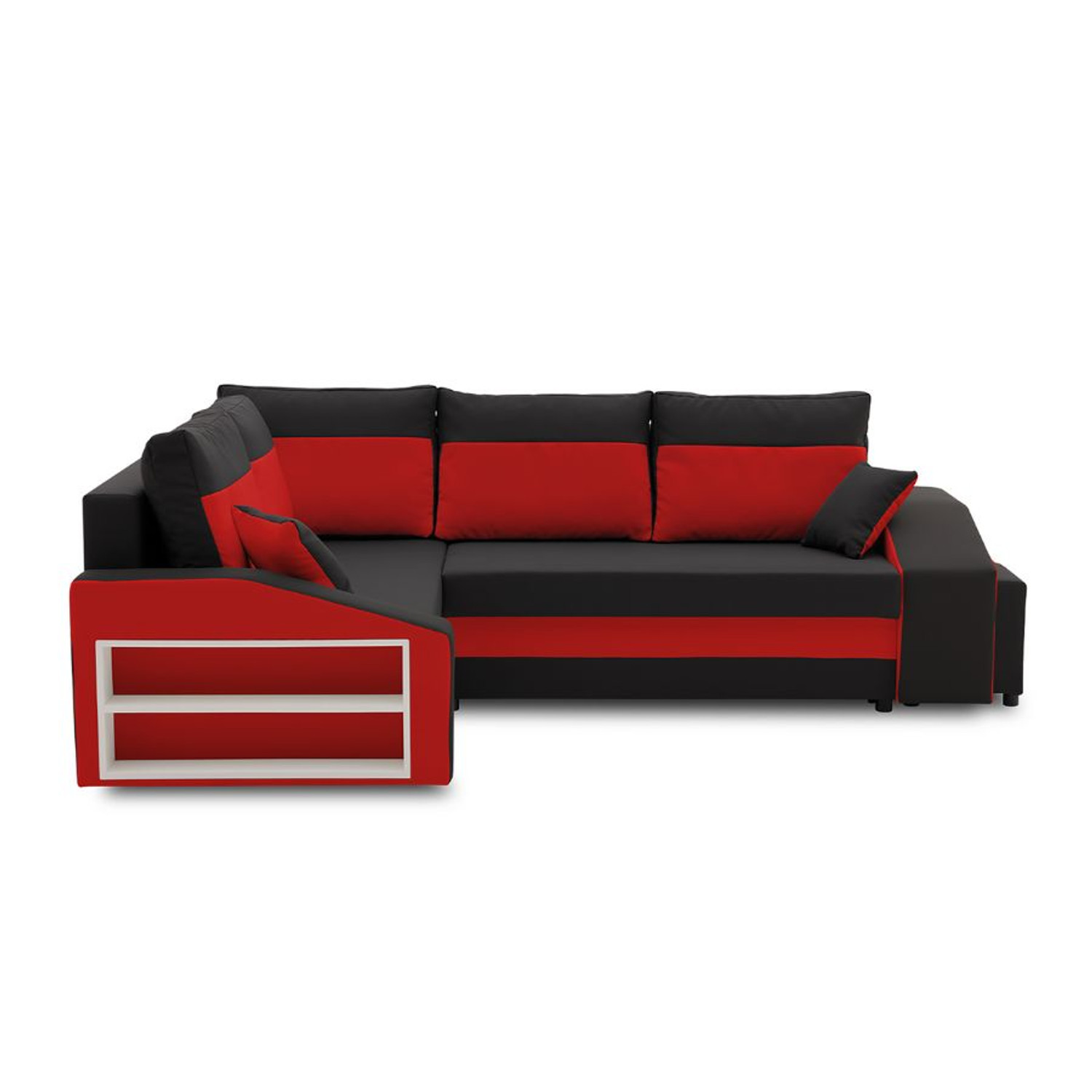 Rozkládací rohová sedací souprava s taburety a poličkou GRANDE micro Levá Černá/červená