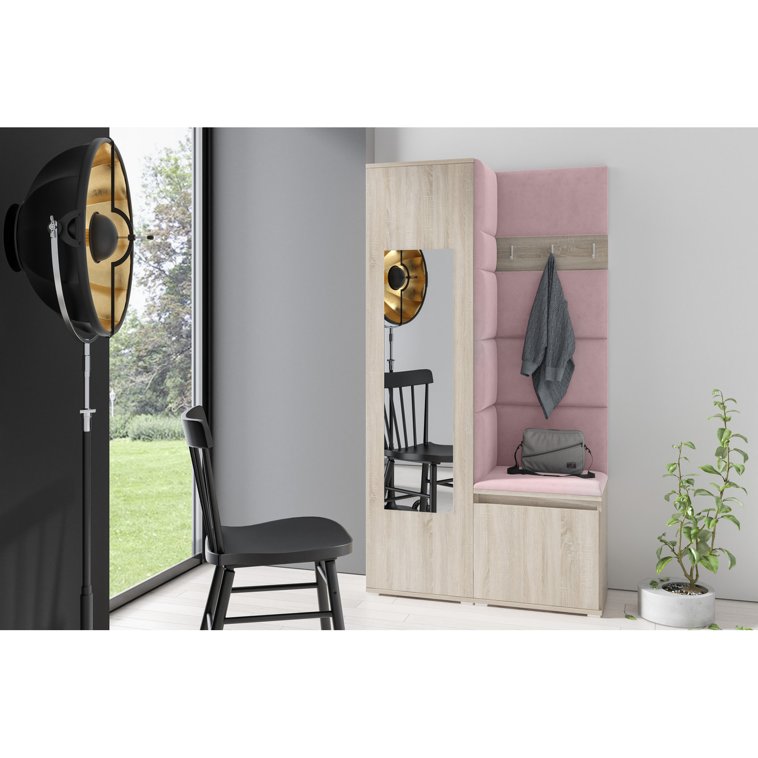 Předsíňová stěna AMI 13 Světle růžová Dub sonoma Se zrcadlem