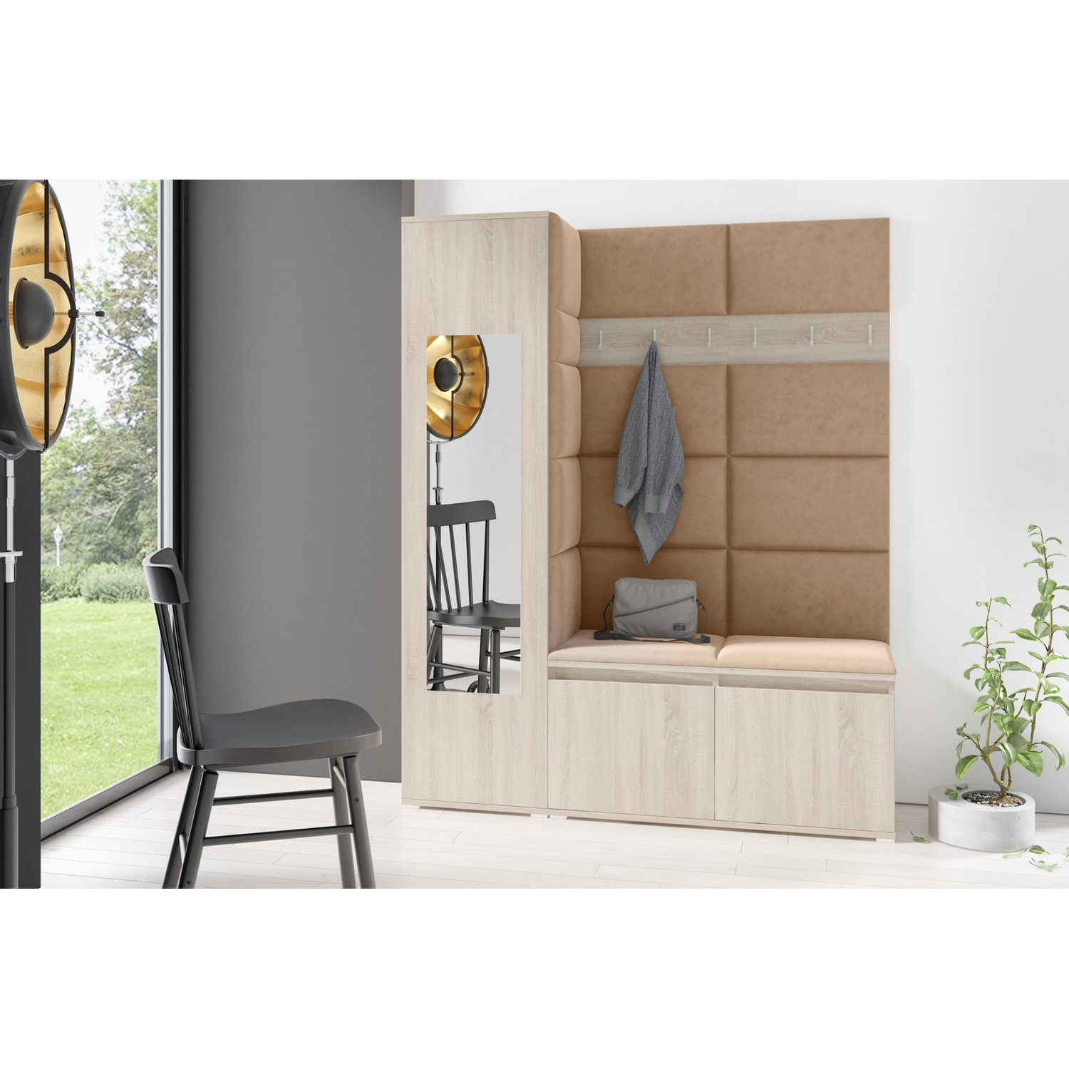 Předsíňová stěna AMI 14 - se zrcadlem Dub sonoma Tmavě béžová