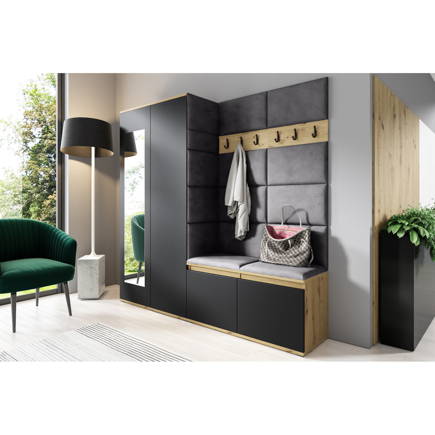 Předsíňová stěna AMI 8 Grafit Se zrcadlem Dub artisan/černá