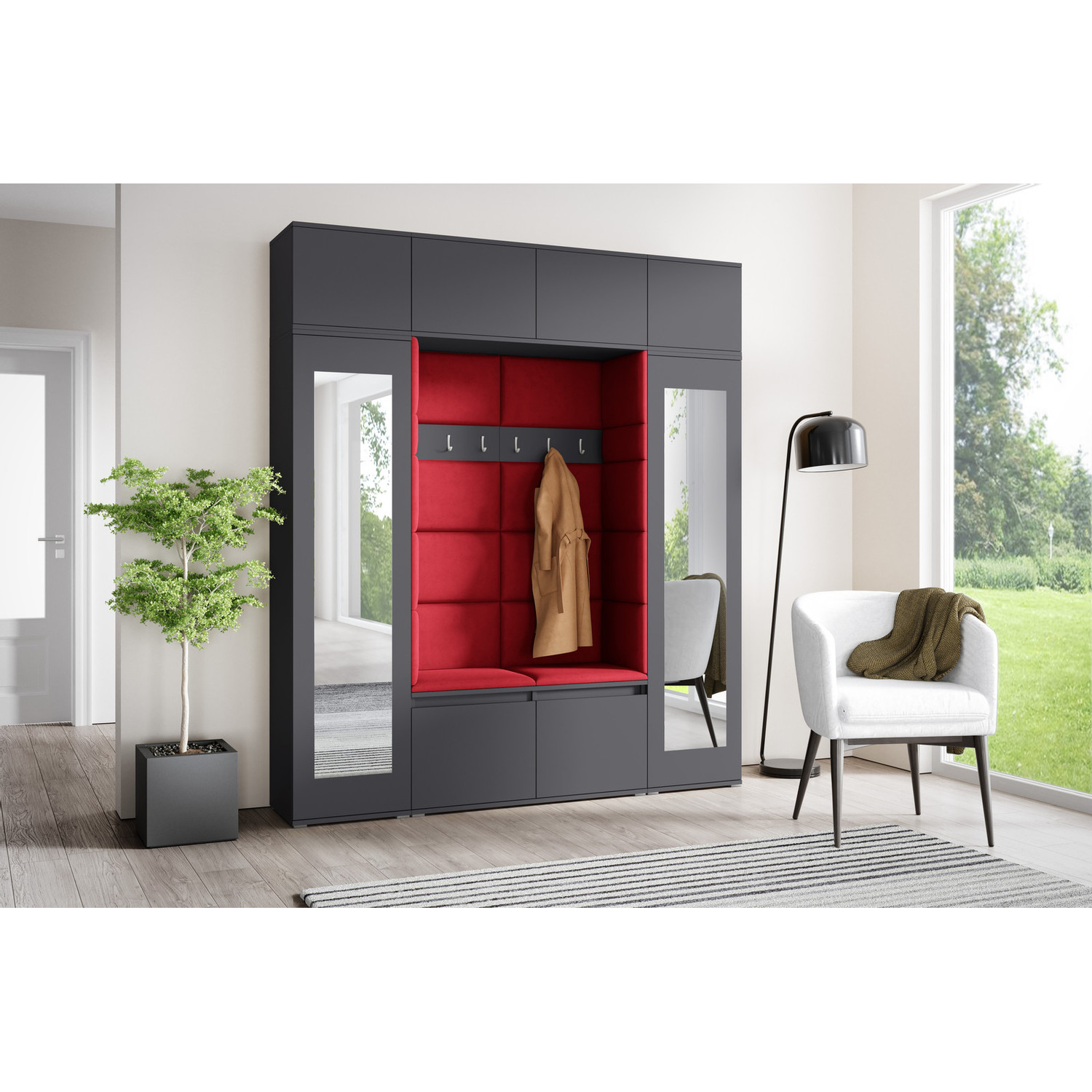 Předsíňová stěna AMI 32 Se zrcadlem Grafit Tmavě červená