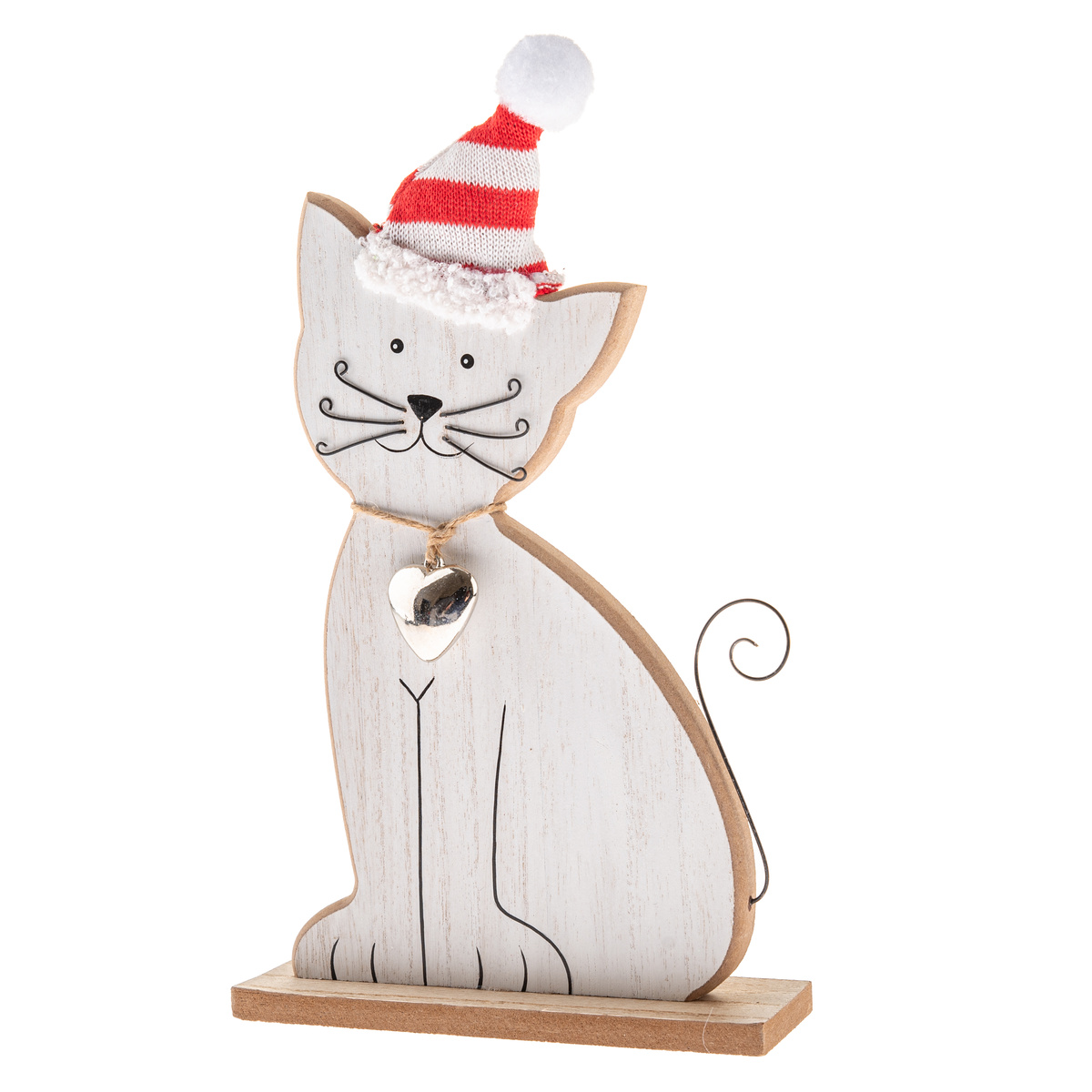 Dřevěná kočka s rolničkou a pletenou čepicí