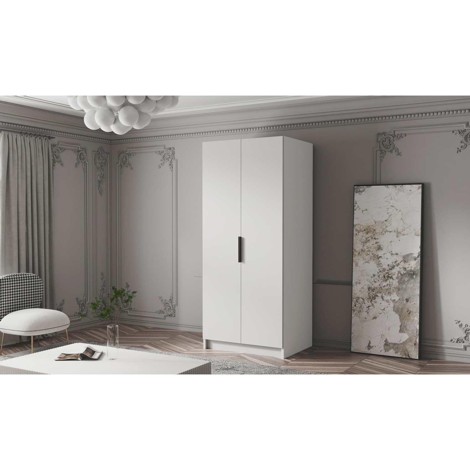 Šatní skříň BODRUM 100 I - bílá/černé úchytky