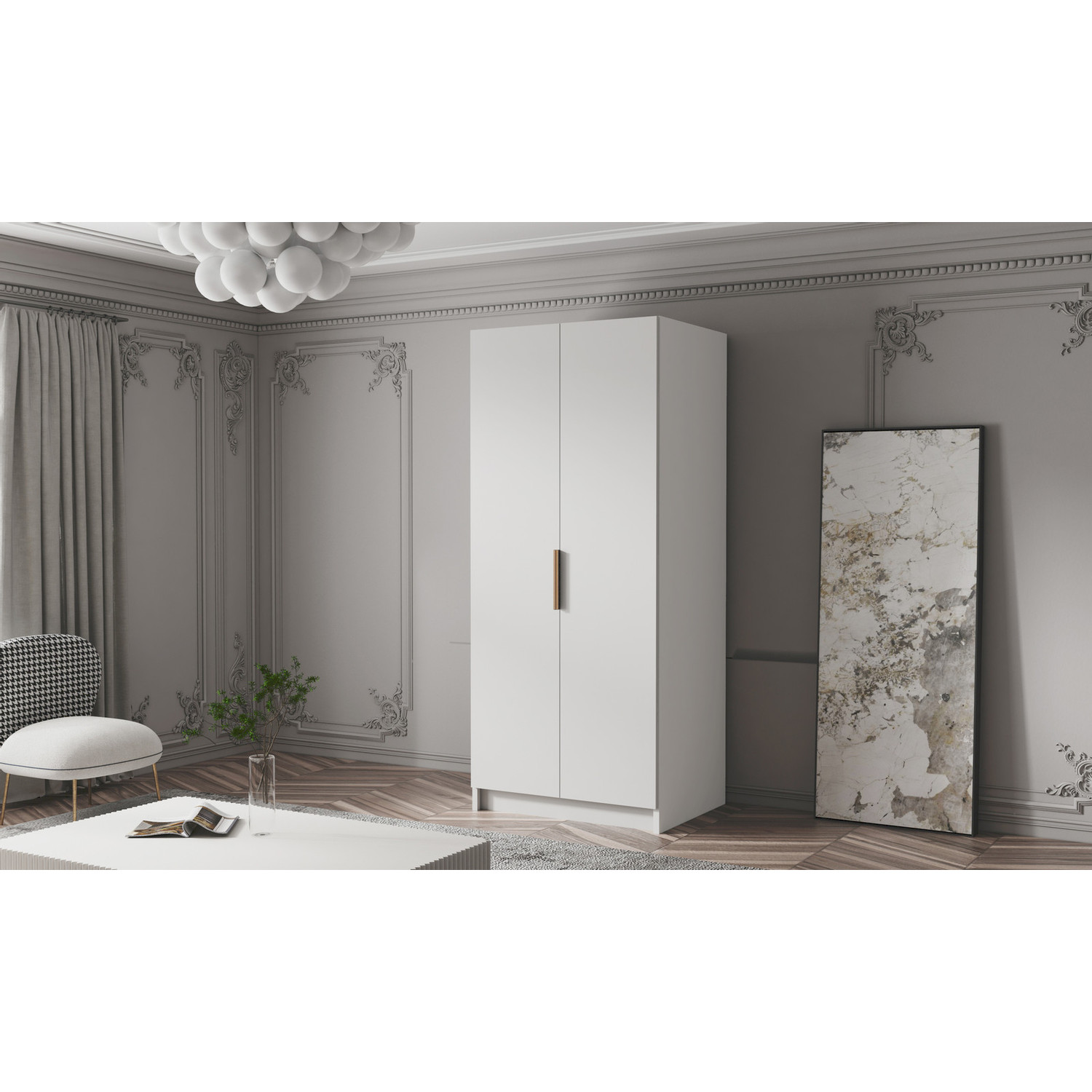 Šatní skříň BODRUM 100 I - bílá/zlaté úchytky