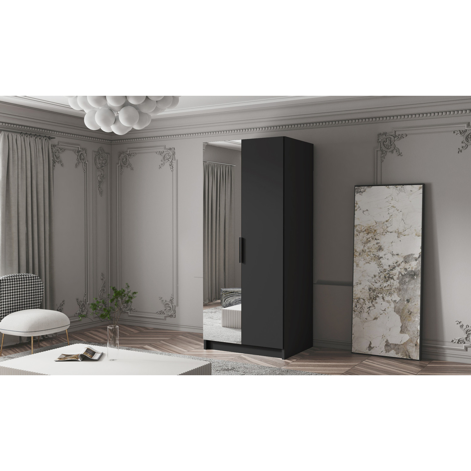 Šatní skříň BODRUM 100 II - černá/černé úchytky