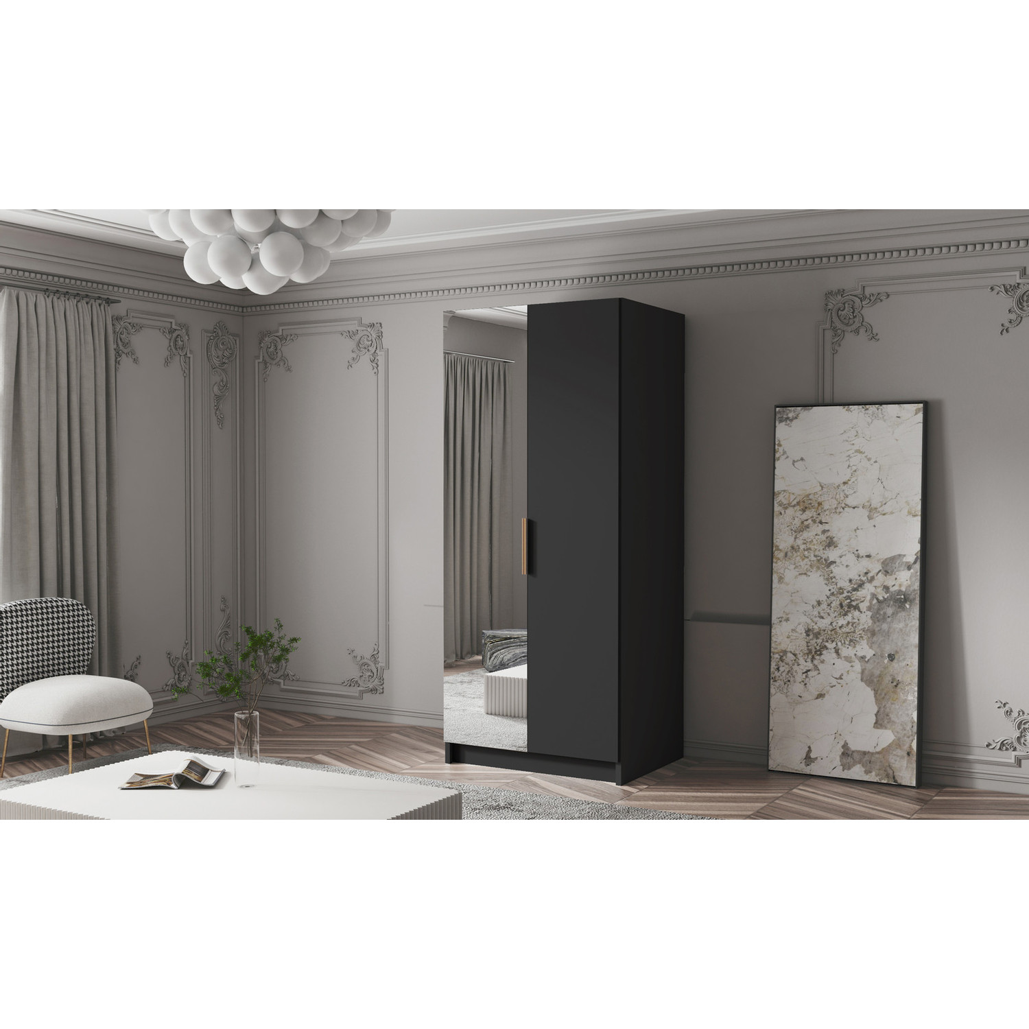 Šatní skříň BODRUM 100 II - černá/zlaté úchytky