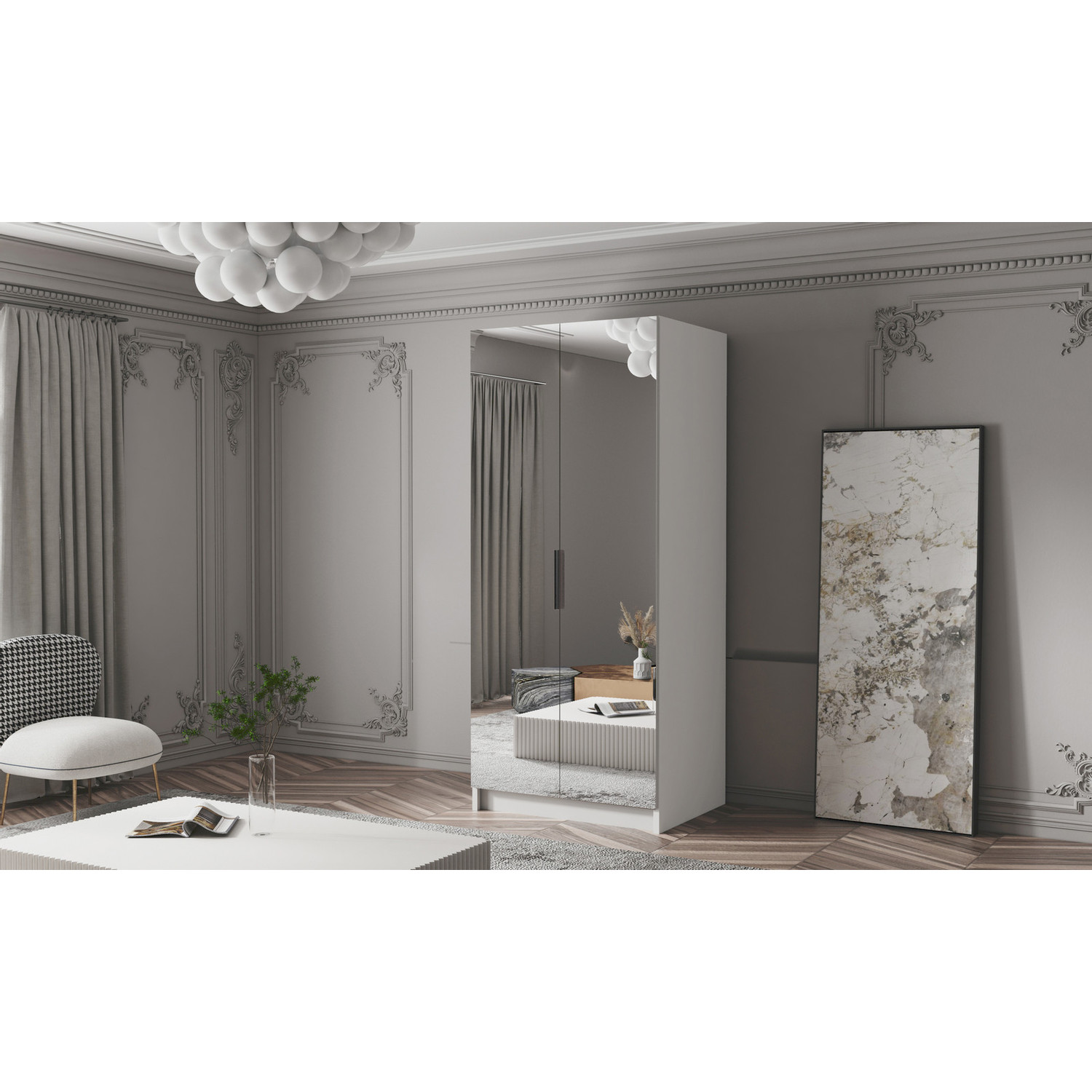 Šatní skříň BODRUM 100 III - bílá/černé úchytky