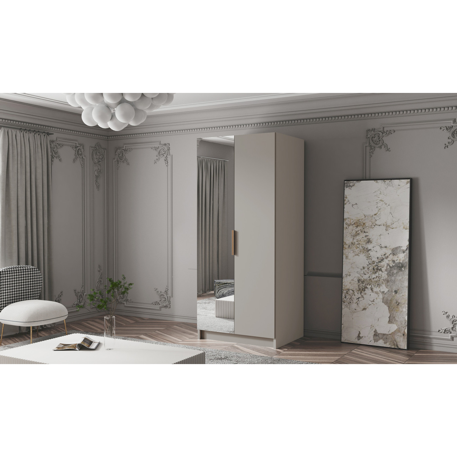 Šatní skříň BODRUM 100 II - béžová/zlaté úchytky