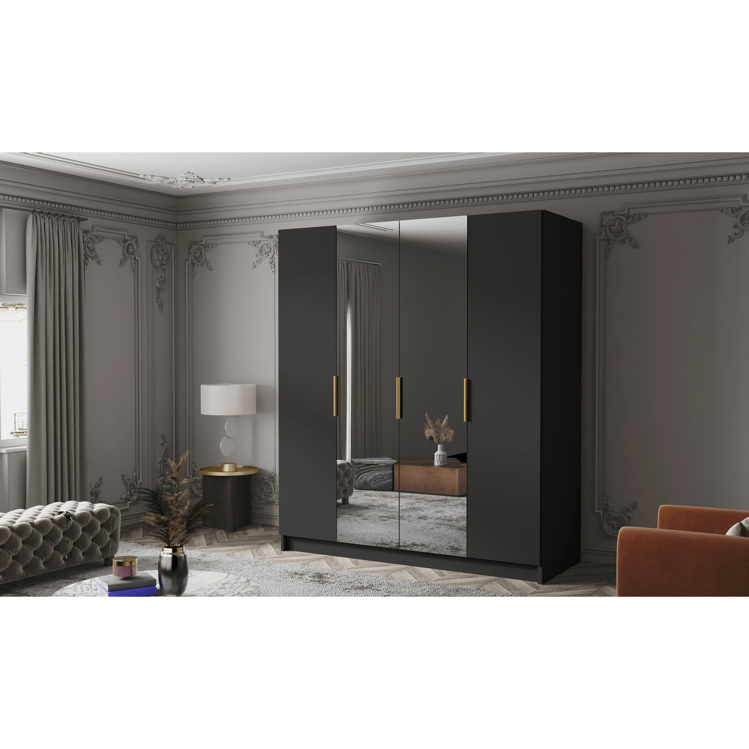 Šatní skříň SALVADOR 200 II - černá/zlaté úchytky