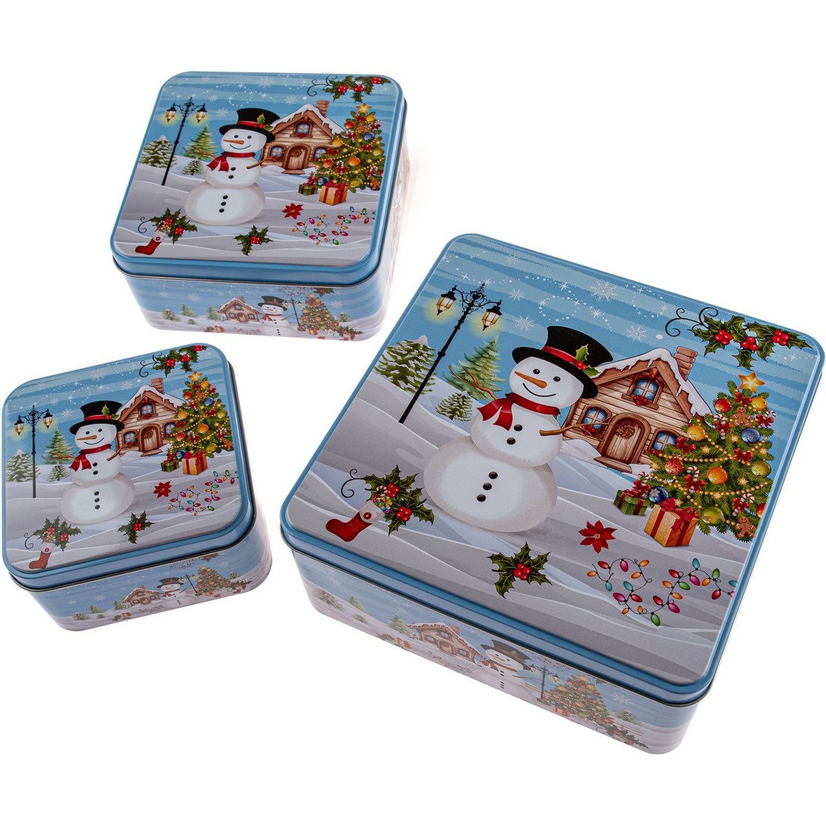 Sada 3 hranatých plechových dóz Sněhulák