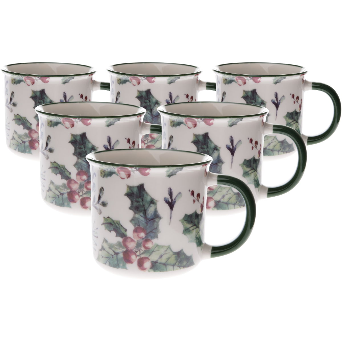 Sada 6 porcelánových hrnků Vánoční cesmína 300 ml