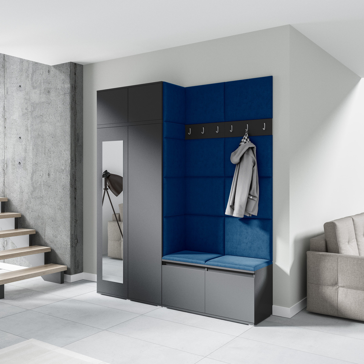 Předsíňová stěna AMI 19 - se zrcadlem Tmavě modrá Grafit