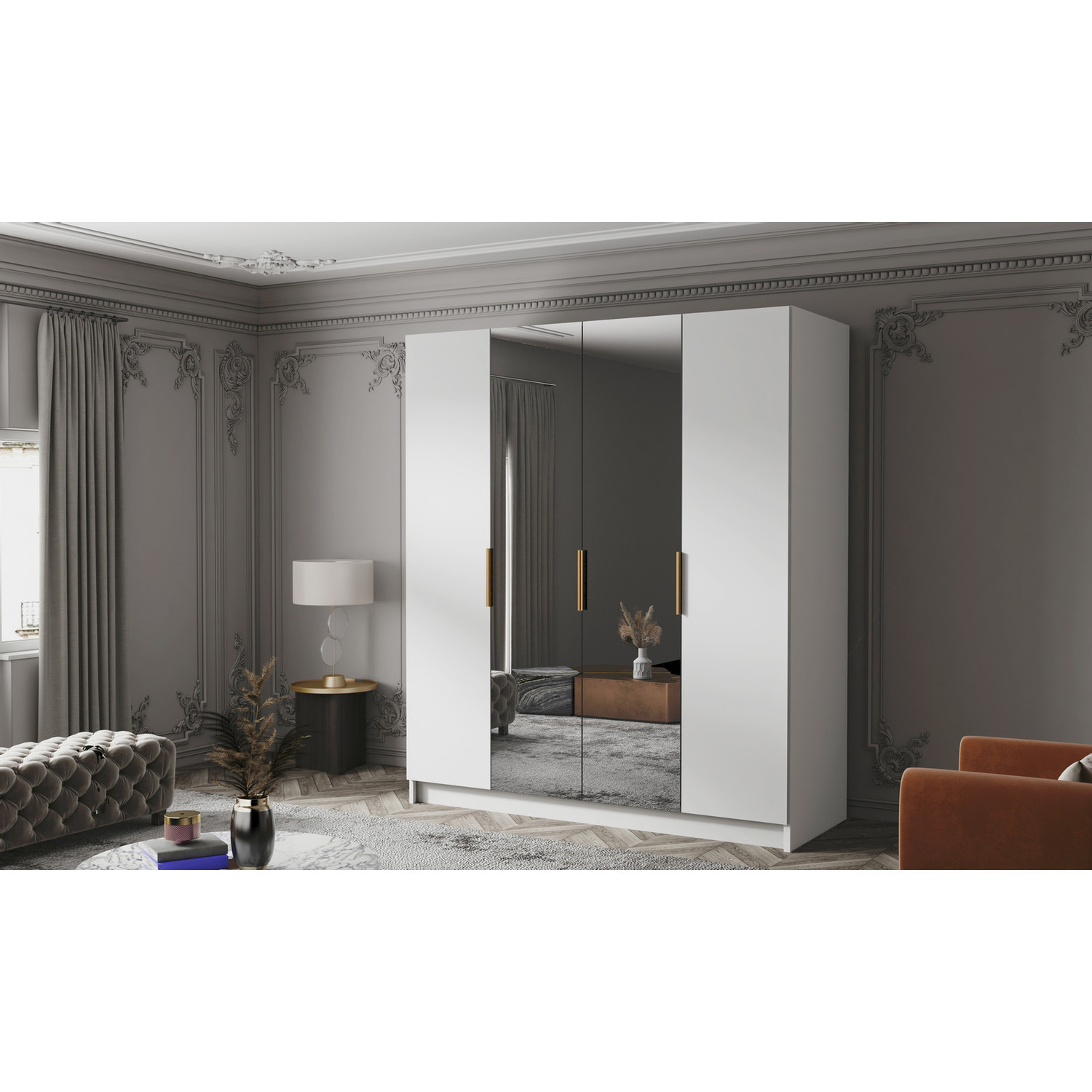 Šatní skříň SALVADOR 200 II - bílá/zlaté úchytky