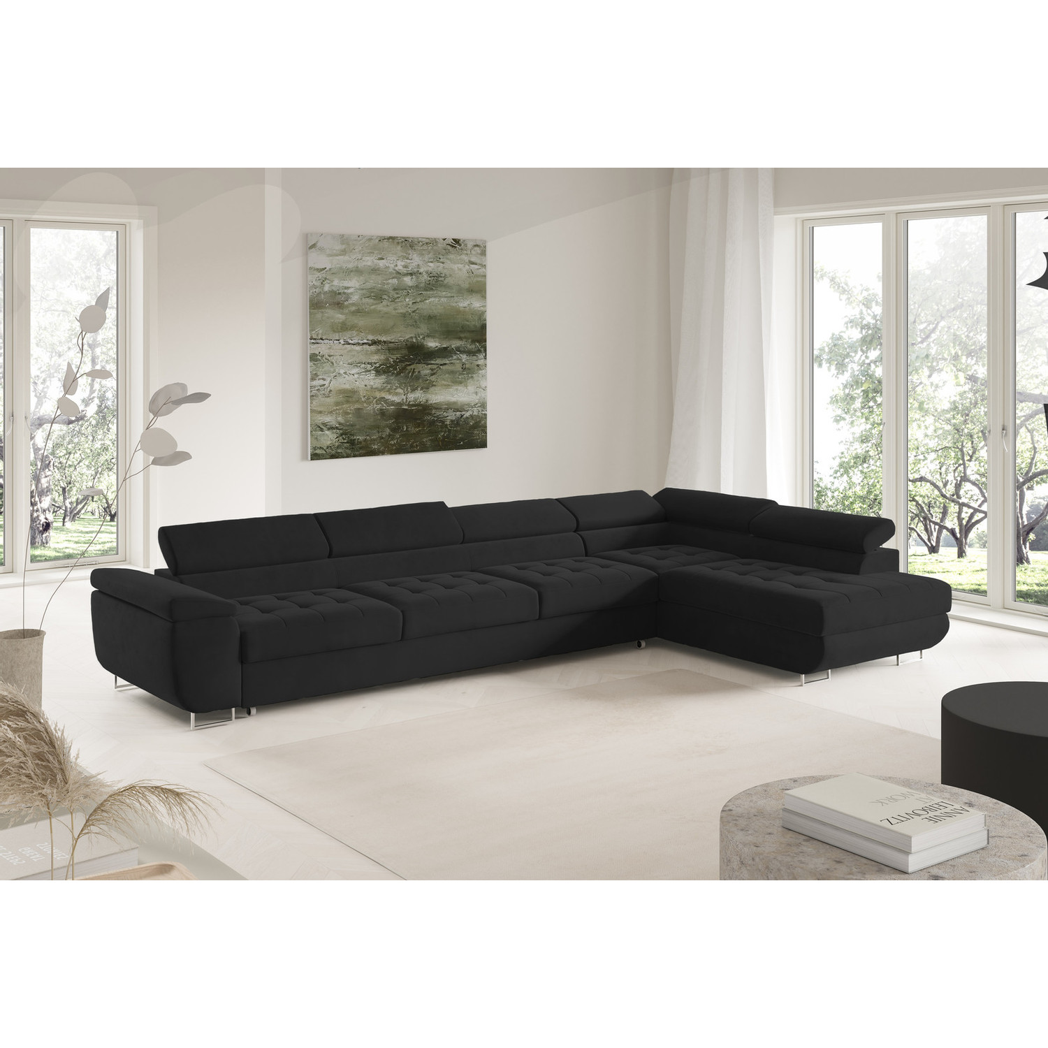 Rohová rozkládací sedací souprava BENJAMIN 155 XL Pravá Černá